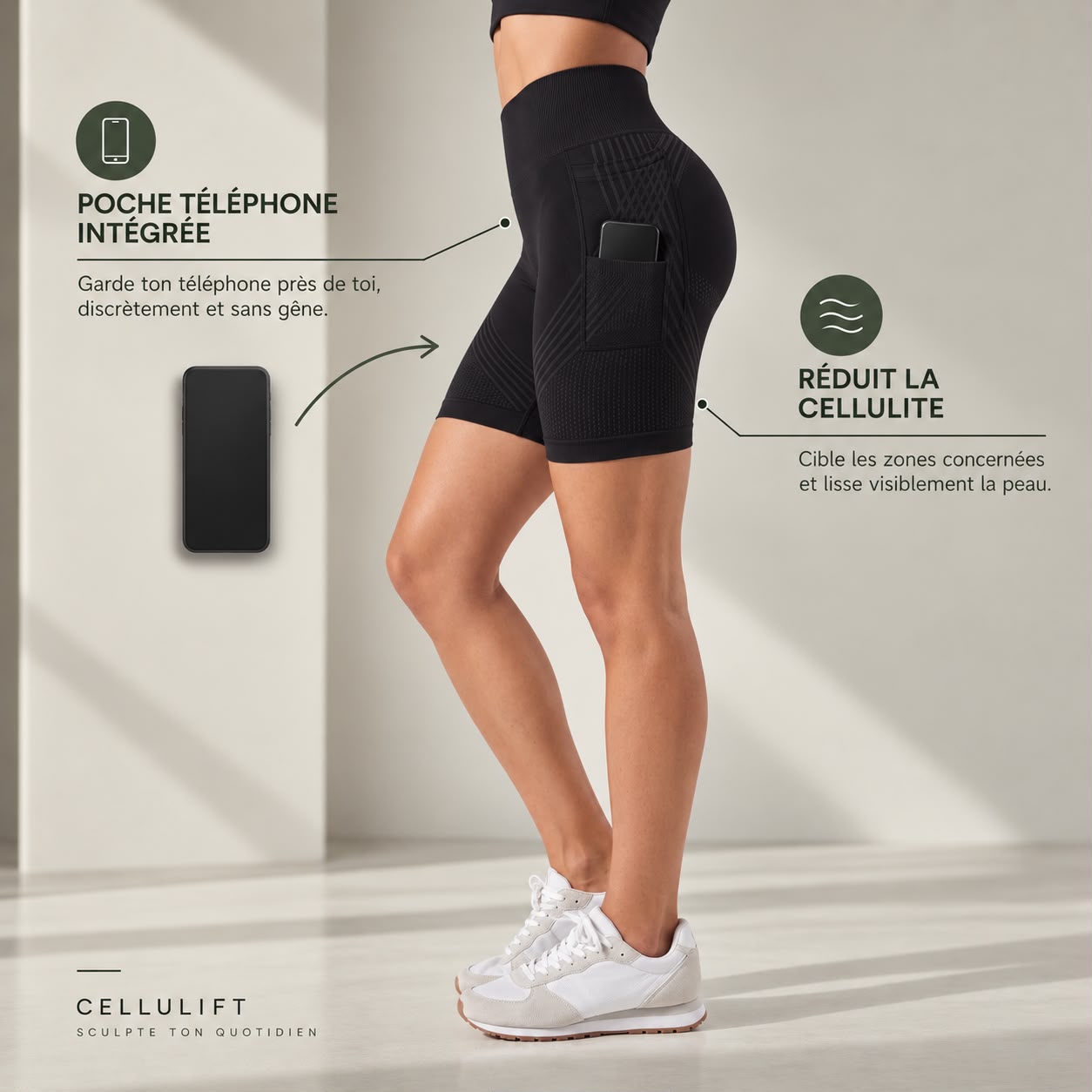 Cellulift — Short Gainant avec Poche Téléphone